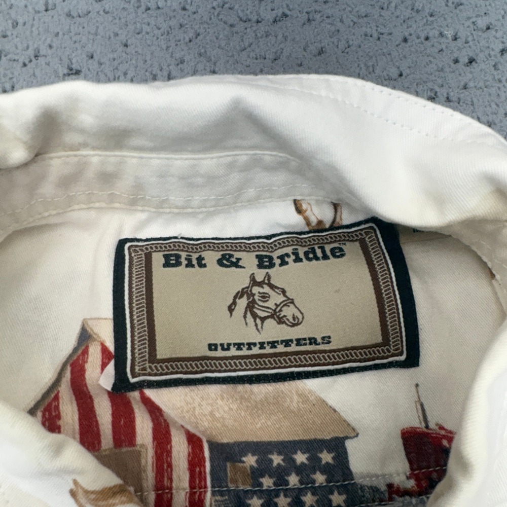 Bit & Bridle Button Up Shirt Mens Large Cream Horse Barn Tractor Street Retro - Picture 7 of 9